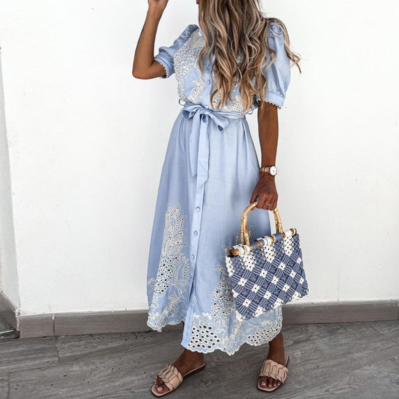 Julitta - Blue Dress with Embroidery and Waist Belt