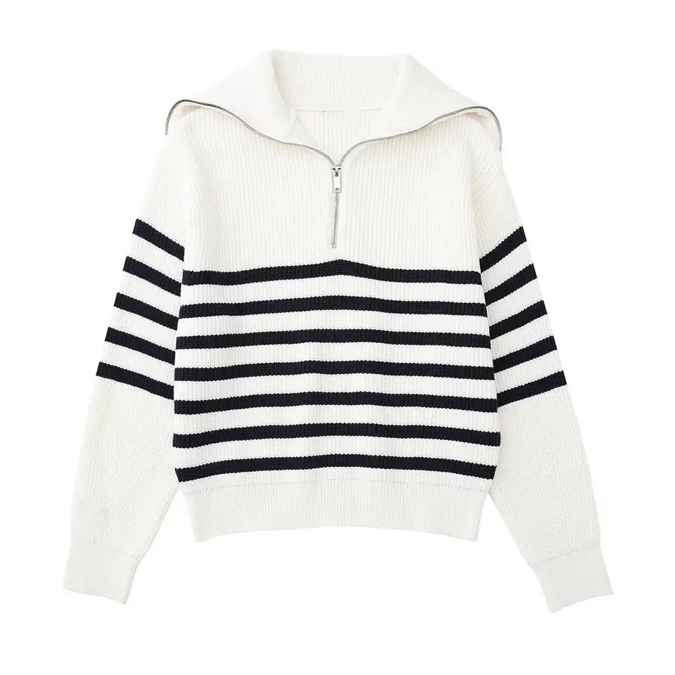 Emma & Rose striped zip-up sweater — premium knitwear