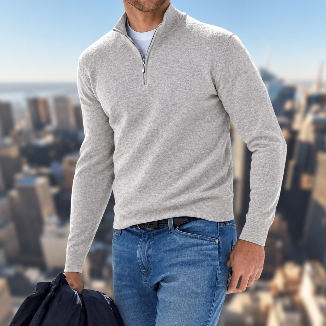 Men's Sweater with Zipper and Stand-Up Collar