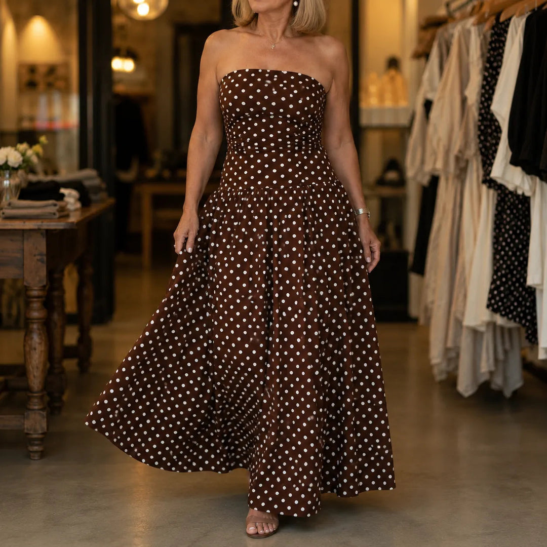 Doretta Strapless Polka Dot Ruched Maxi Dress - Elena Harper