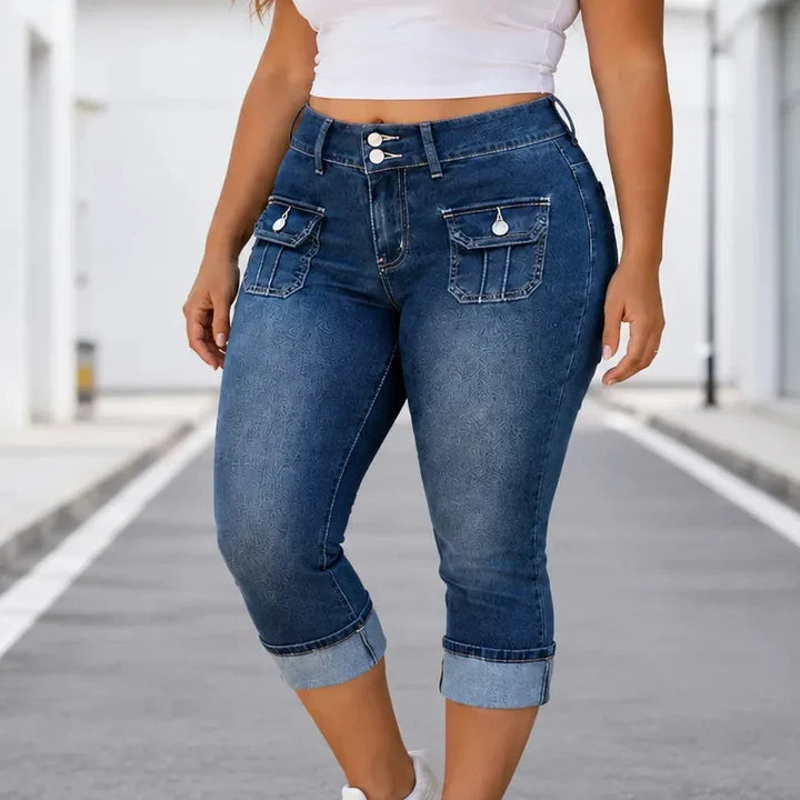 Curvella – Curvy Fit Stretch Denim-like Capri Jeans, Mid Rise Cuffed Hem