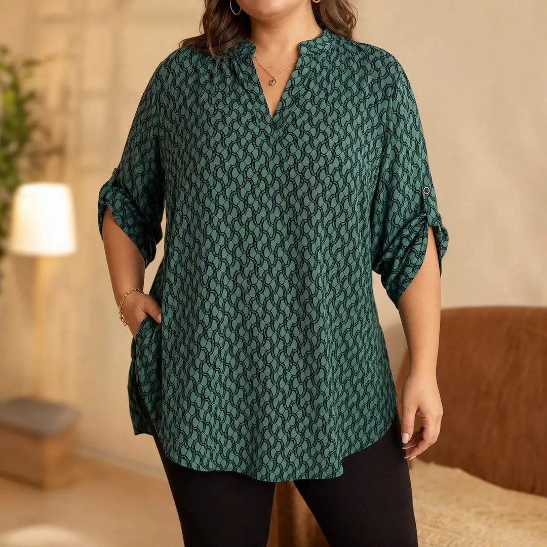 Drapella Geometric Print V-Neck Tunic Blouse with Roll-Tab Sleeves - Elena Harper