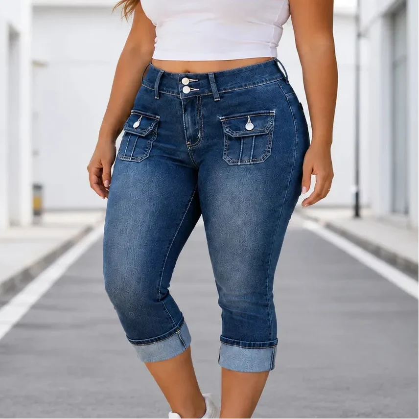 Curvella Curvy Fit Stretch Denim-like Capri Jeans, Mid Rise Cuffed Hem - Elena Harper