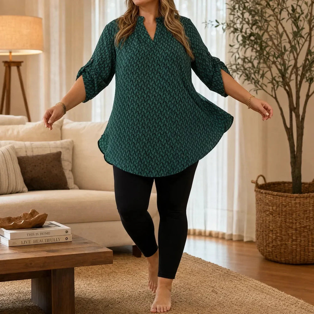 Drapella Geometric Print V-Neck Tunic Blouse with Roll-Tab Sleeves - Elena Harper