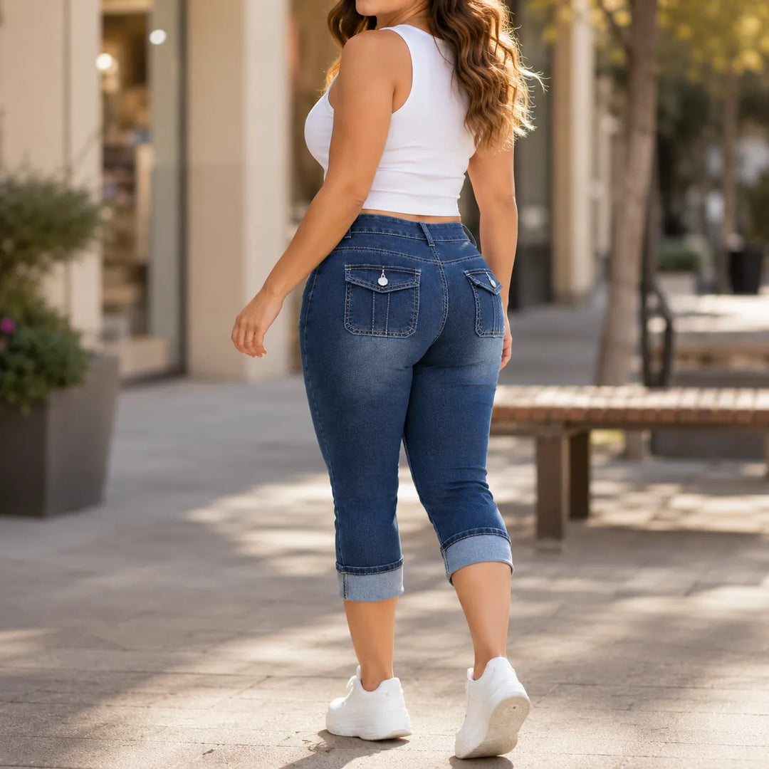 Curvella Curvy Fit Stretch Denim-like Capri Jeans, Mid Rise Cuffed Hem - Elena Harper