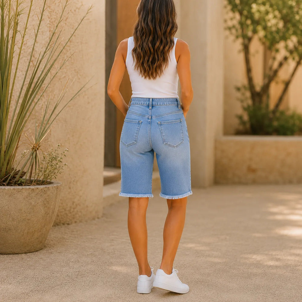 Denimly High Waisted Frayed Hem Bermuda Shorts with Stretch - Elena Harper