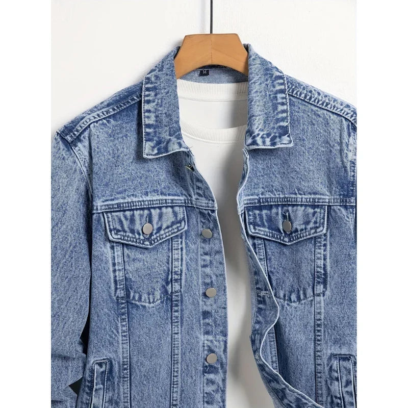 Men's Denim Jacket Regular Fit Collar Chest Pocket with Button Placket