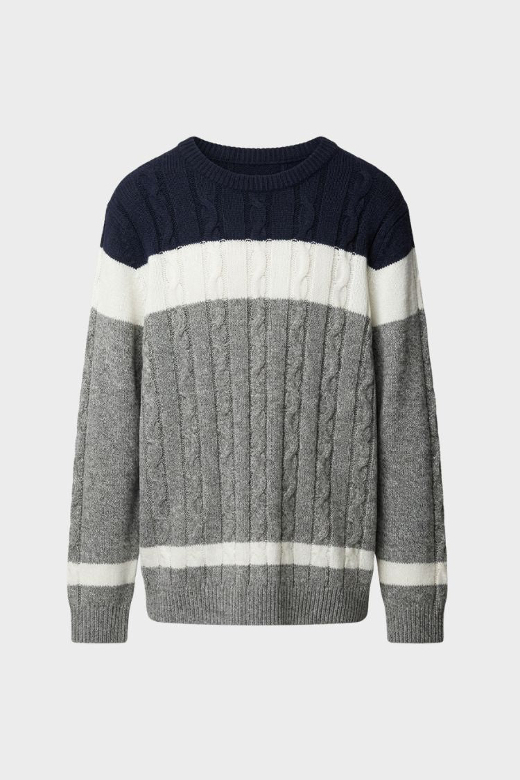 Men's Sweater Cable Knit Color Block Crew Neck Long Sleeve with Ribbed Cuffs