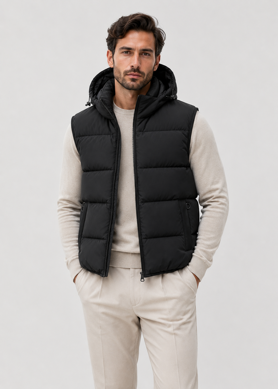 Men's Quilted Vest Regular Fit Hooded with Front Zipper