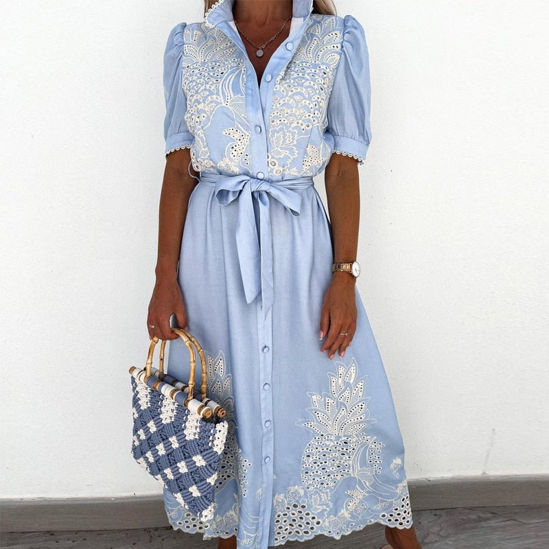 Julitta - Blue Dress with Embroidery and Waist Belt