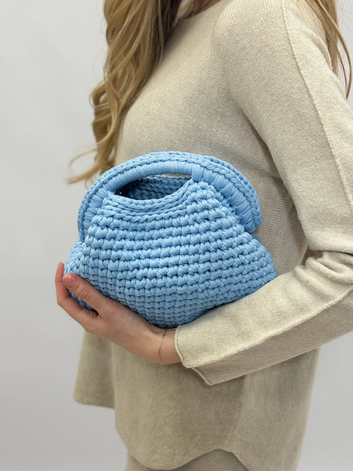 Emma & Rose Cape Town Ingrid™ crochet bag, artisan Italy borsa with detailed woven design and natural fiber textures.