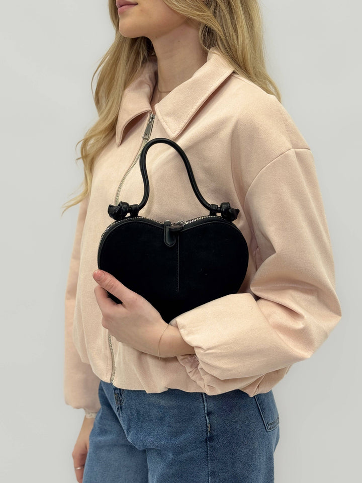 Greta™ heart-shaped suede effect chic borse by Emma & Rose Cape Town, featuring a stylish heart design and textured suede finish.
