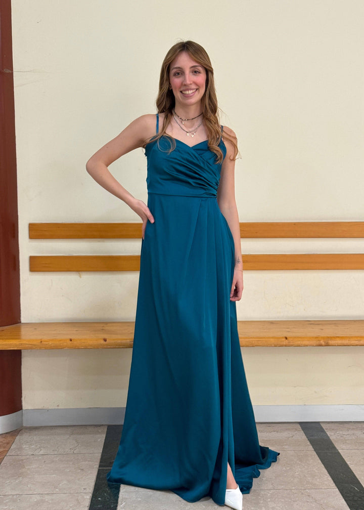 Elegant Lize™ long dress by Emma & Rose Cape Town featuring a stylish neckline, displayed on a hanger.