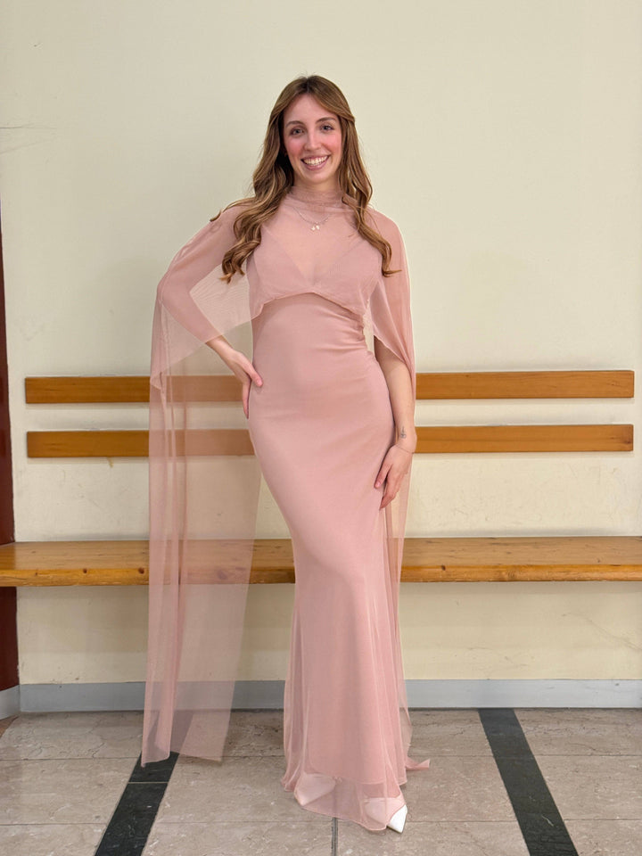Heleen™ long dress by Emma & Rose Cape Town featuring soft luxurious fabrics and an elegant cape detail.