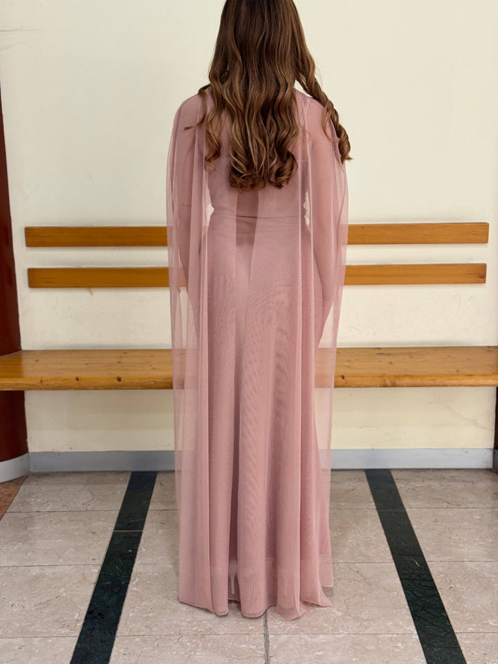 Heleen™ long dress by Emma & Rose Cape Town featuring soft luxurious fabrics and an elegant cape design.