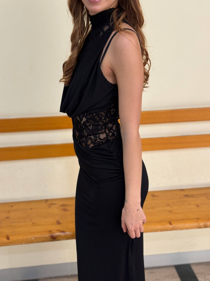 Elegant long dress insert for abiti by Emma & Rose Cape Town, showcased on a stylish model in this image.