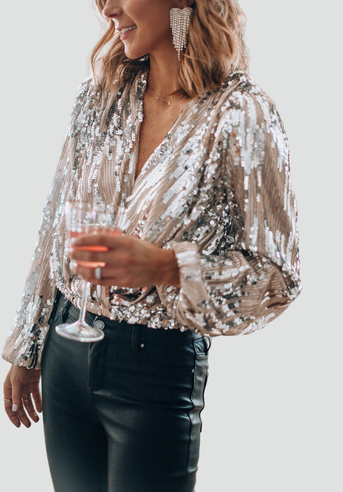 Festive Women's Blouse with Sequins and Long Sleeves