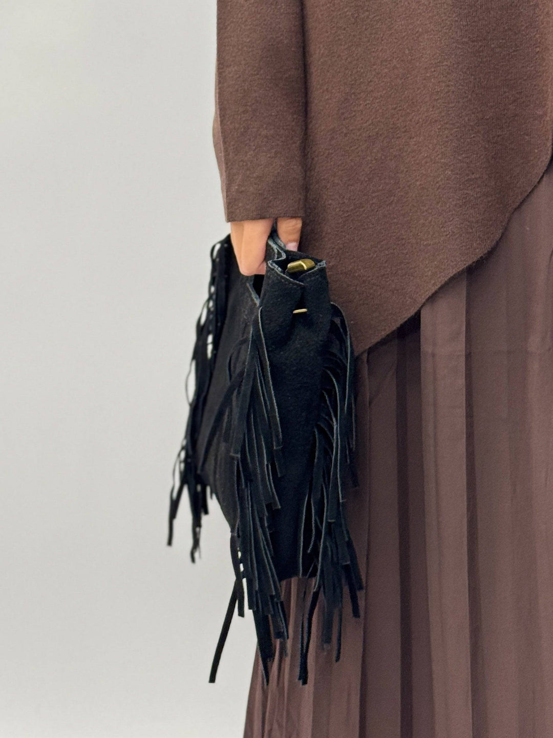 Emma & Rose Cape Town Elke™ suede leather bag with structured design and top handles, displayed on a neutral background.