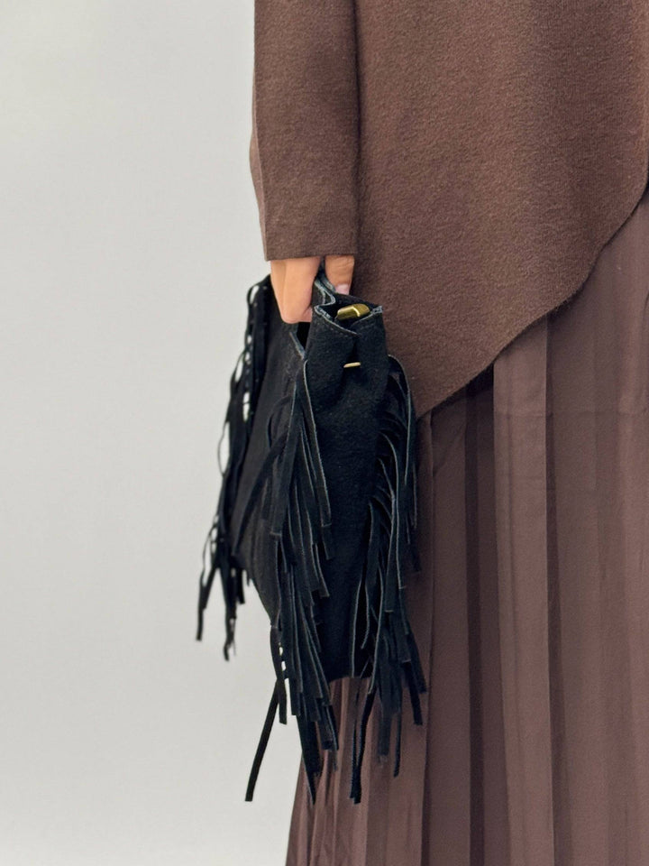 Emma & Rose Cape Town Elke™ suede leather bag with structured design and top handles, displayed on a neutral background.