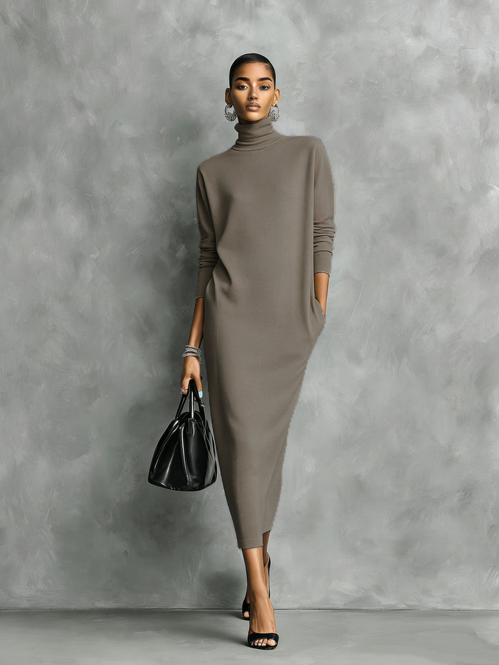 Women's Elegant Black Knitted Turtleneck Long-sleeved Loose-fitting Midi Dress With No Pockets MDA1974L7AN - Elena Harper