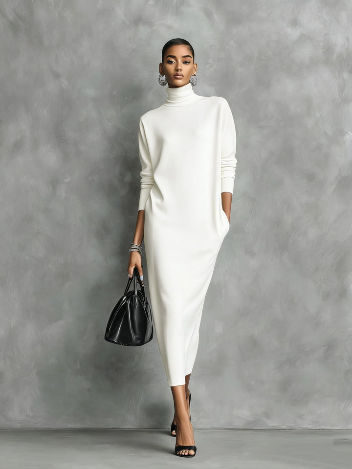 Women's Elegant Black Knitted Turtleneck Long-sleeved Loose-fitting Midi Dress With No Pockets MDA1974L7AN - Elena Harper