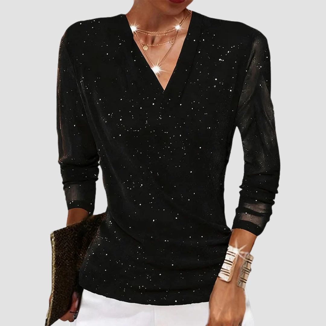 Ladies Glitter Top with V-Neck and Long Sleeves