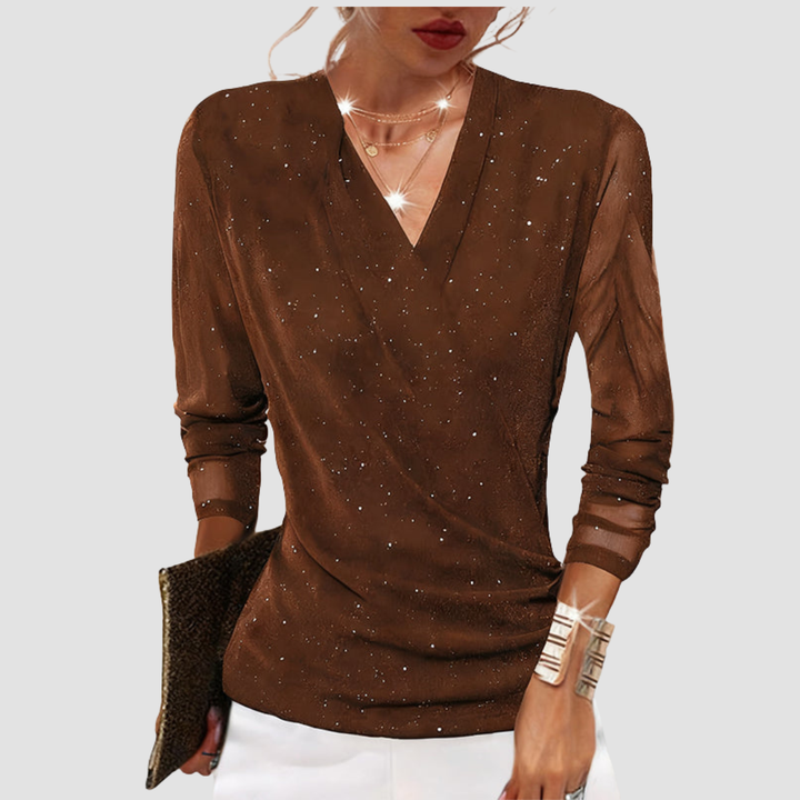 Ladies Glitter Top with V-Neck and Long Sleeves