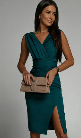 V-Neck Cocktail Wedding Guest Midi Dress Elegant, Flattering - Elena Harper