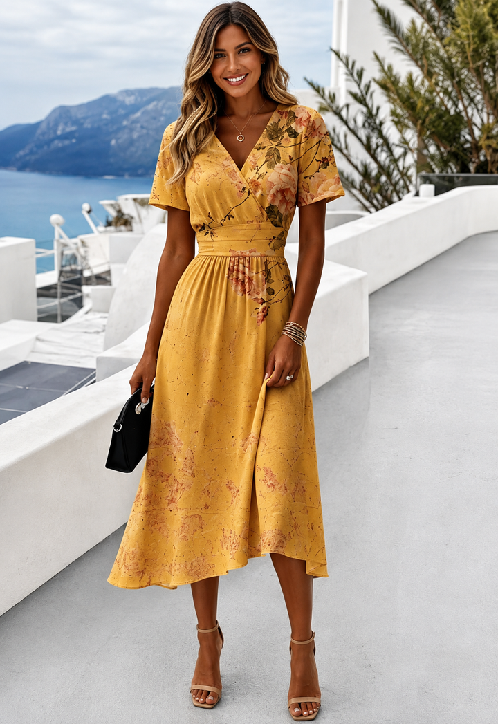 Ilanna | Elegant Floral Wrap Midi Dress
