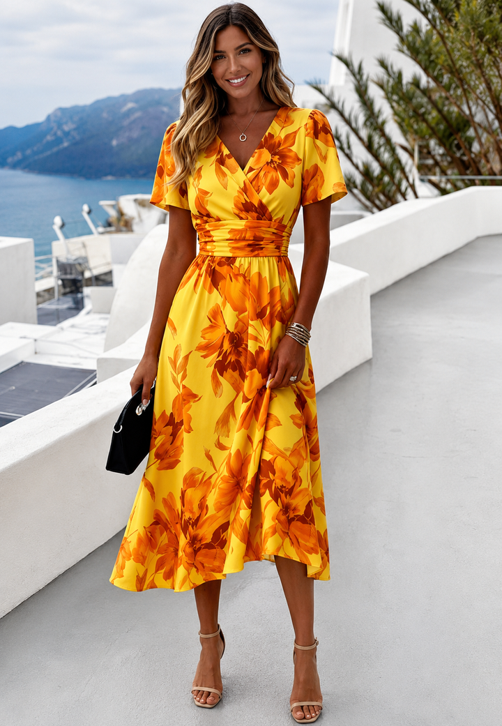 Ilanna | Elegant Floral Wrap Midi Dress