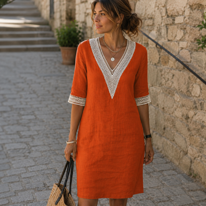Arianne Elegant Crochet Dress with V-Neck for Women, view 5 - Elena Harper
