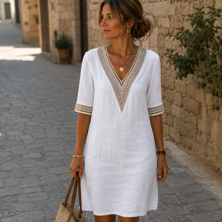 Arianne Elegant Crochet Dress with V-Neck for Women, view 3 - Elena Harper