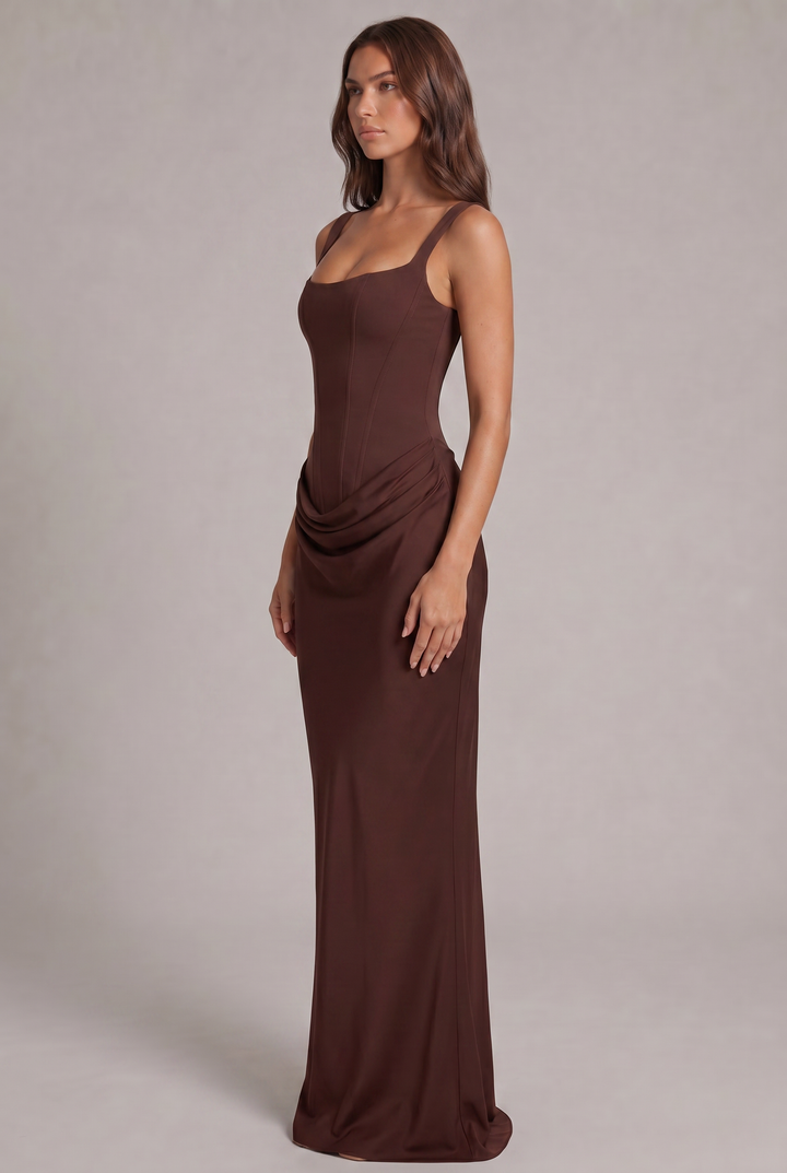Maxi dress with structured corset bodice and square neckline