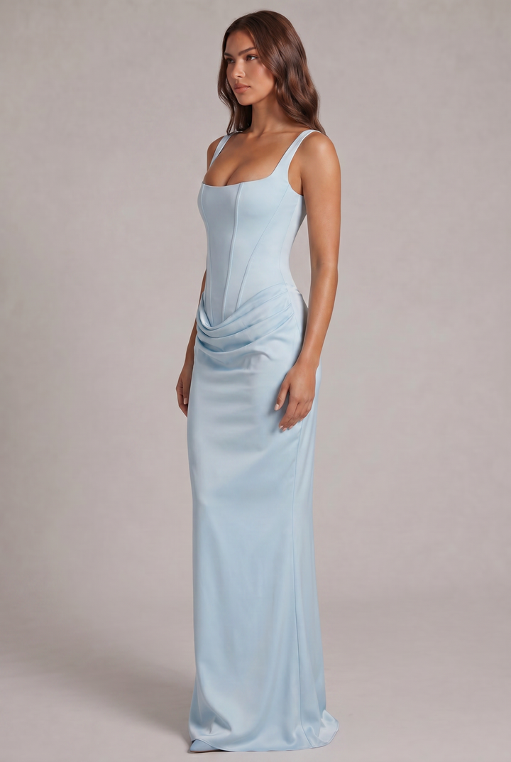 Maxi dress with structured corset bodice and square neckline