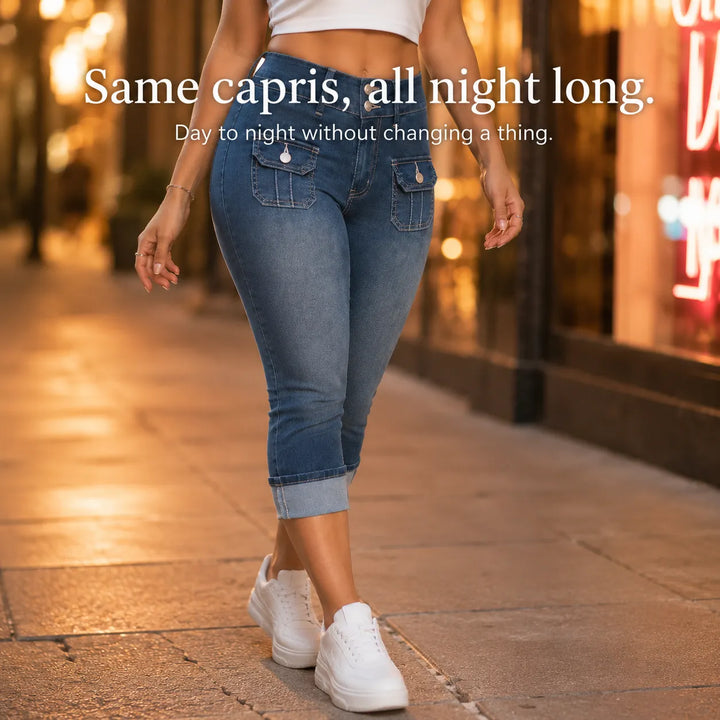 Curvella Curvy Fit Stretch Denim-like Capri Jeans, Mid Rise Cuffed Hem - Elena Harper