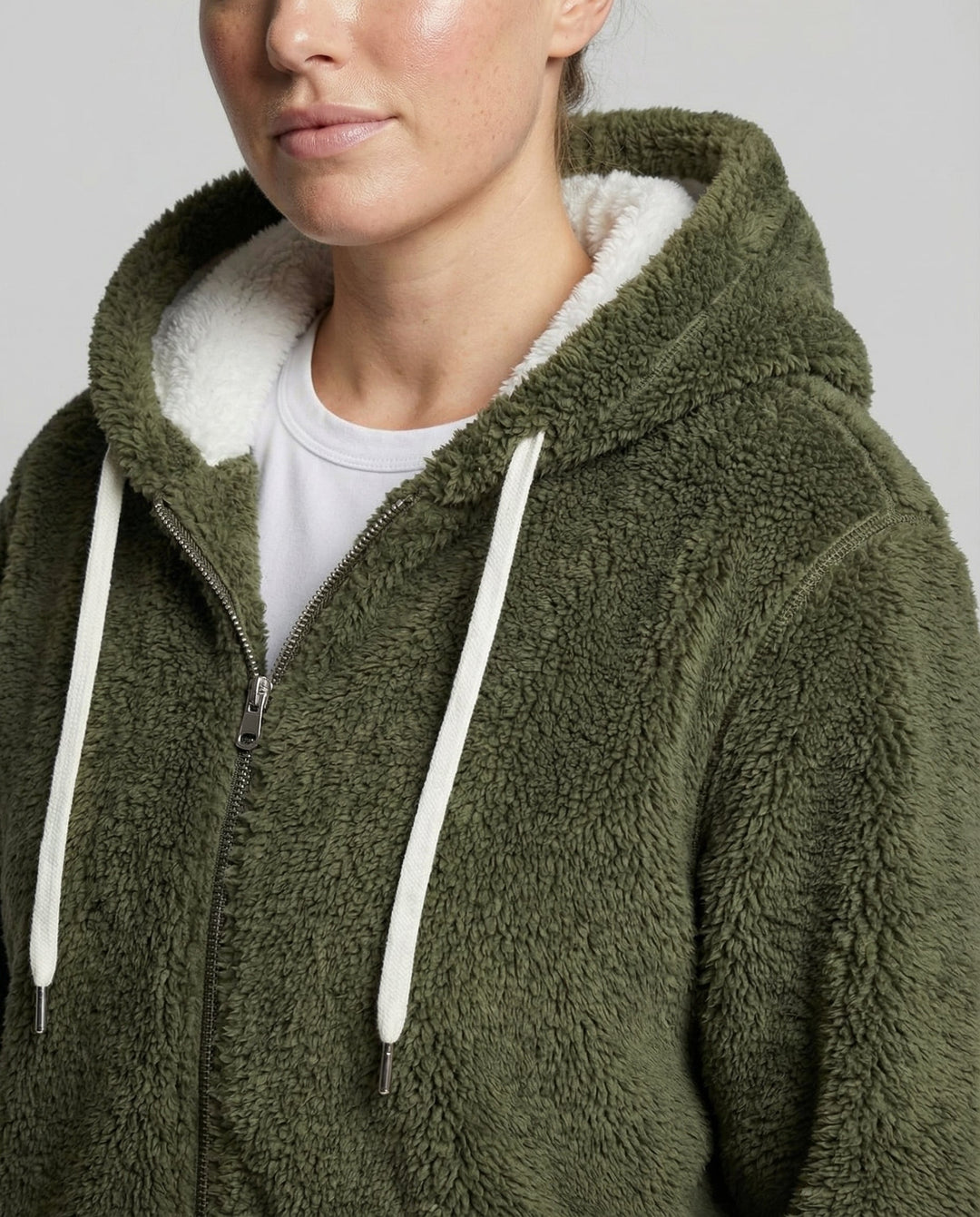Women's Hooded Sherpa Jacket Full Zip with Drawstrings