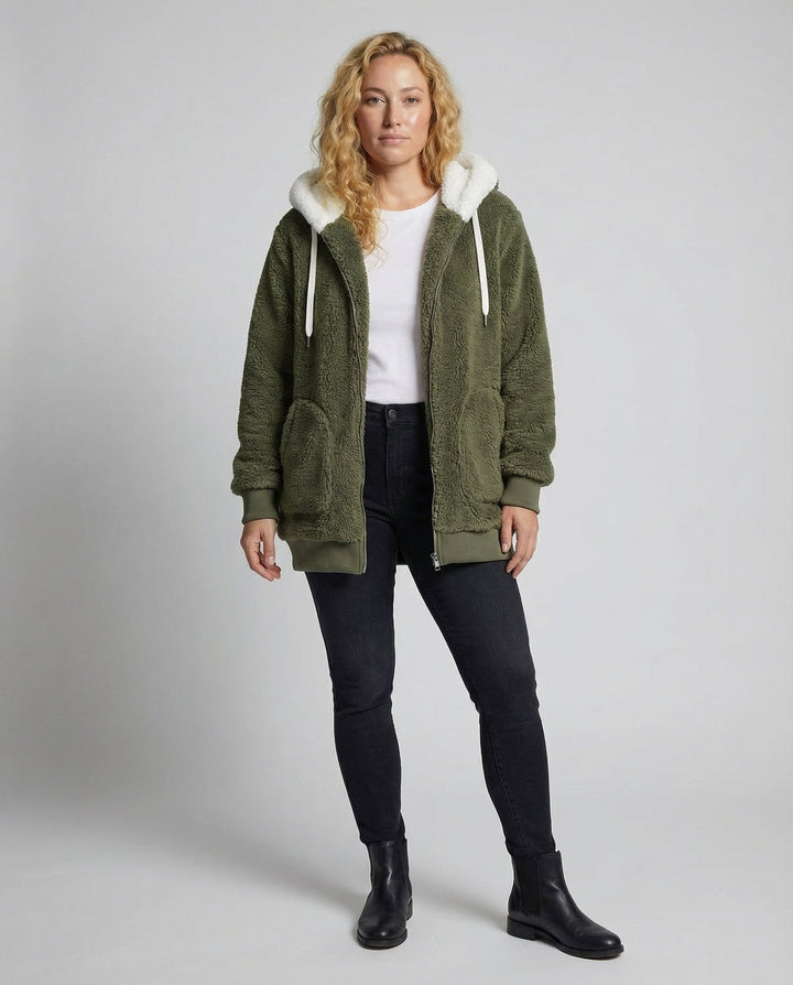 Women's Hooded Sherpa Jacket Full Zip with Drawstrings