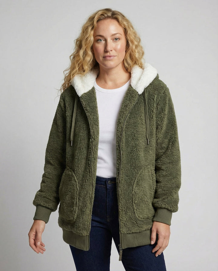 Women's Hooded Sherpa Jacket Full Zip with Drawstrings