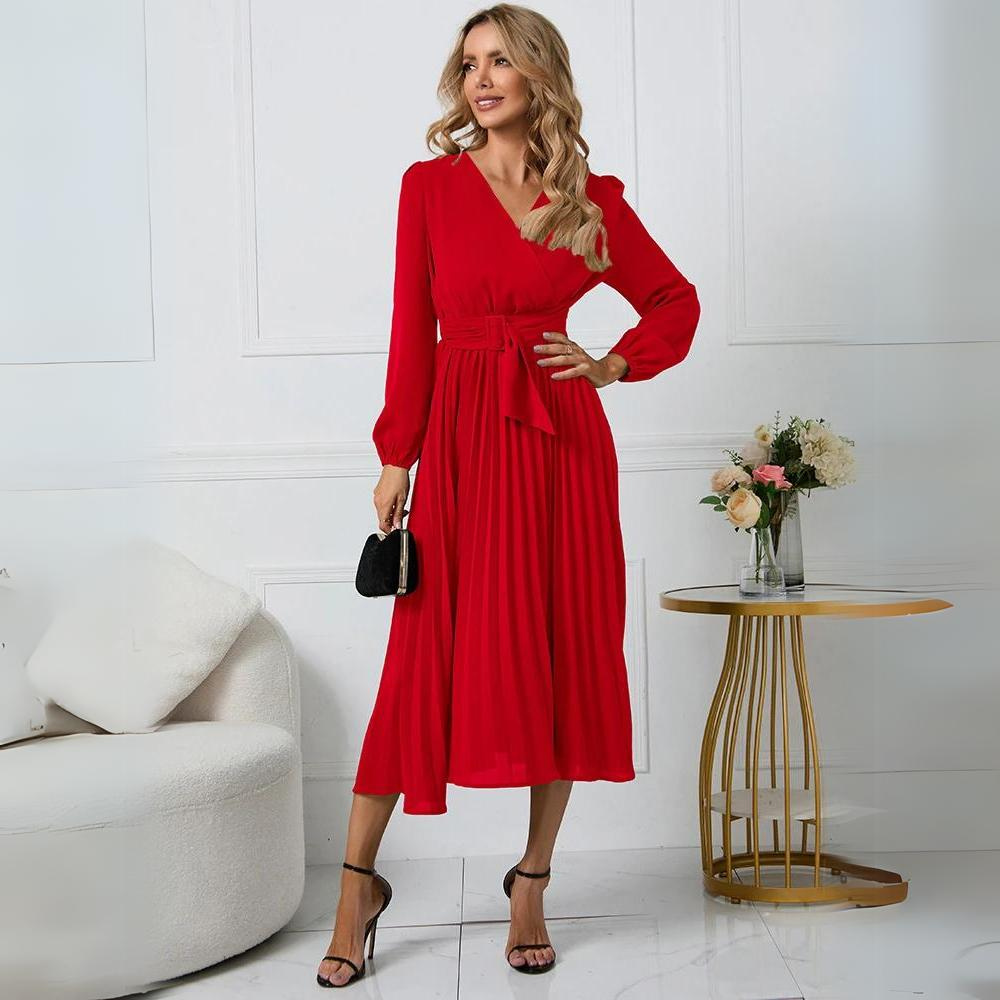 Women's Pleated Midi Wrap Dress – Long Sleeve V-Neck Elegant Style