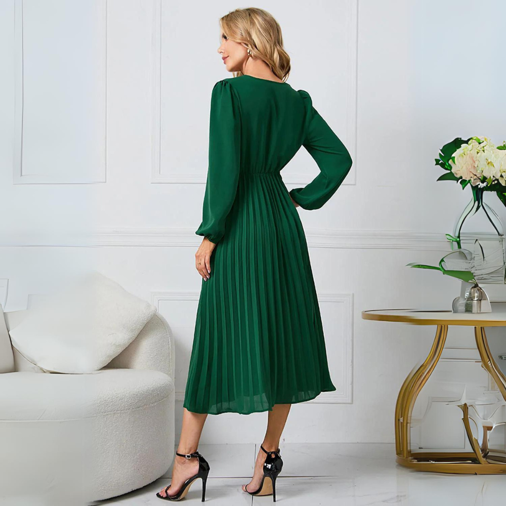 Women's Pleated Midi Wrap Dress – Long Sleeve V-Neck Elegant Style