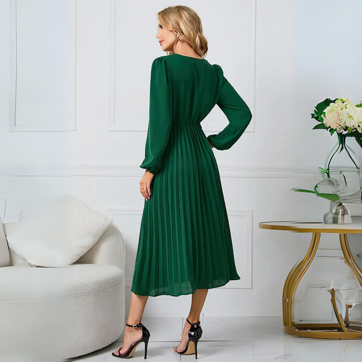 Women's Pleated Midi Wrap Dress – Long Sleeve V-Neck Elegant Style
