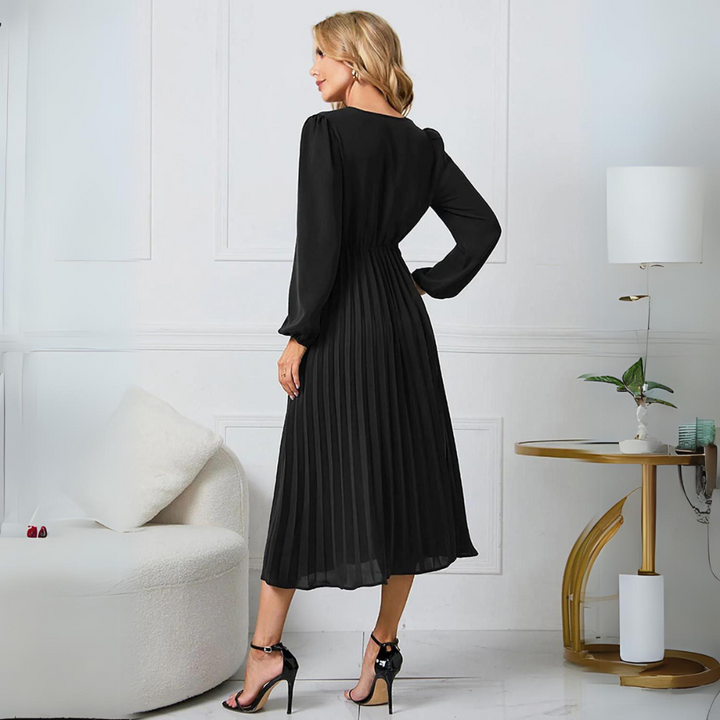 Women's Pleated Midi Wrap Dress – Long Sleeve V-Neck Elegant Style