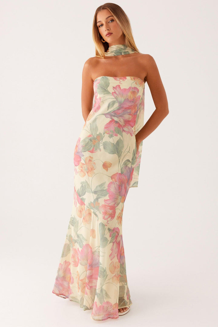 Camila - Long Strapless Chiffon Dress with Floral Print