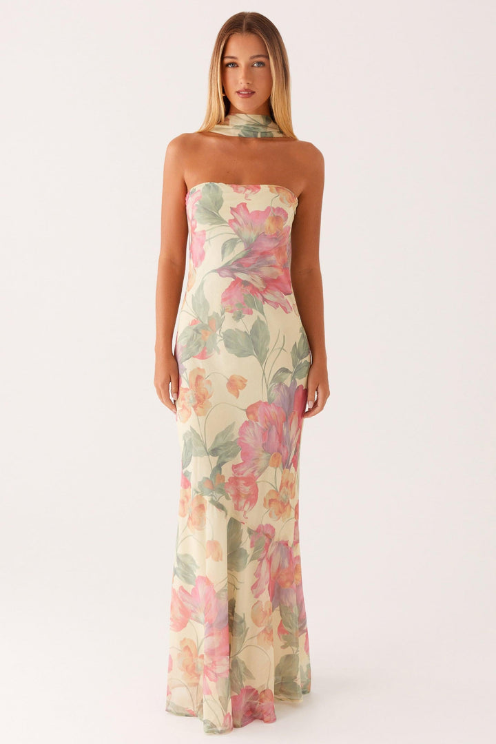 Camila - Long Strapless Chiffon Dress with Floral Print