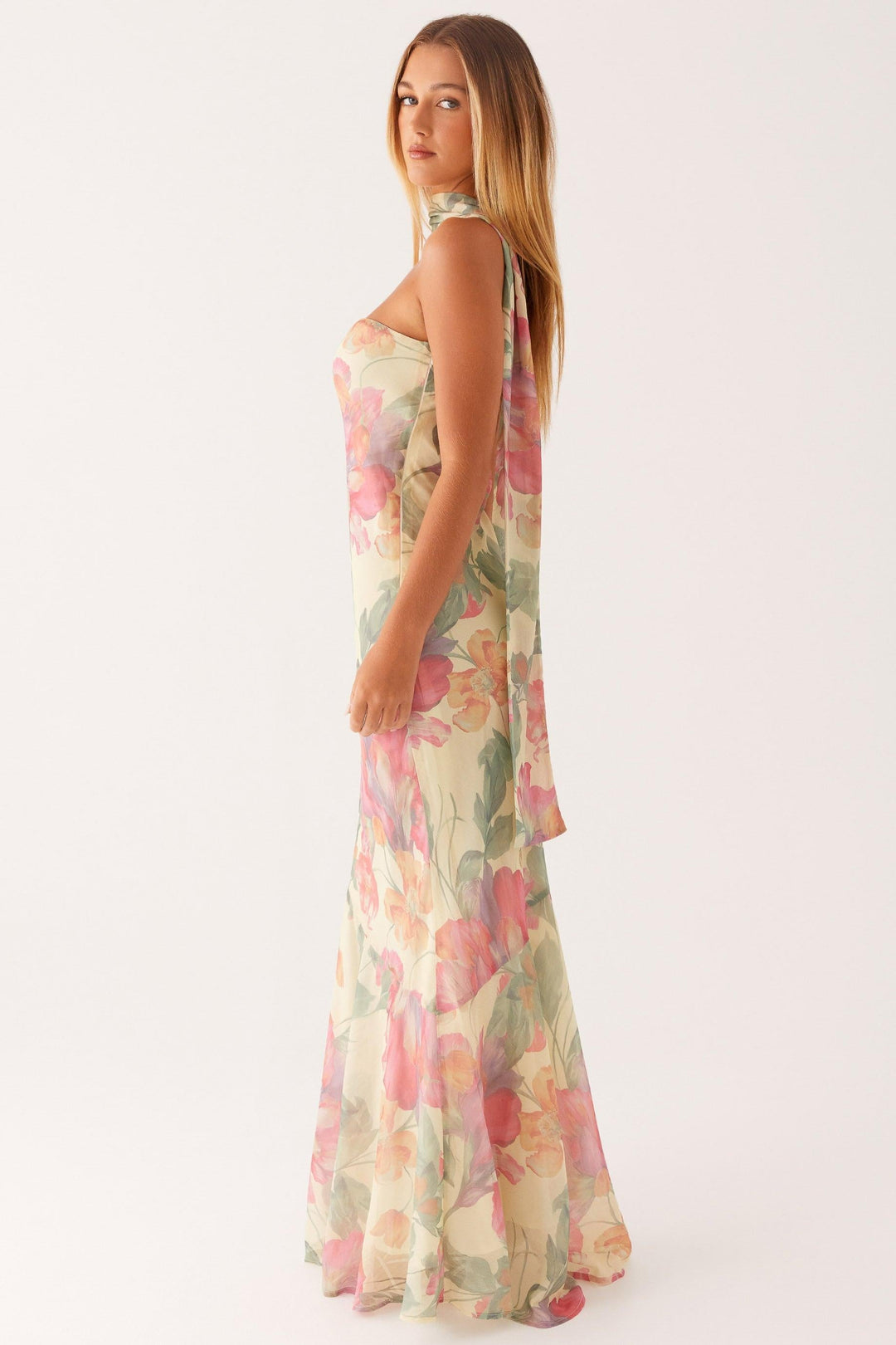 Camila - Long Strapless Chiffon Dress with Floral Print