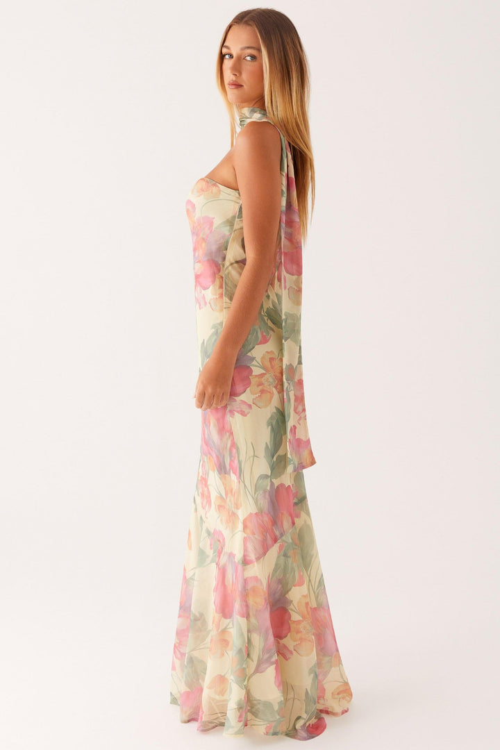 Camila - Long Strapless Chiffon Dress with Floral Print