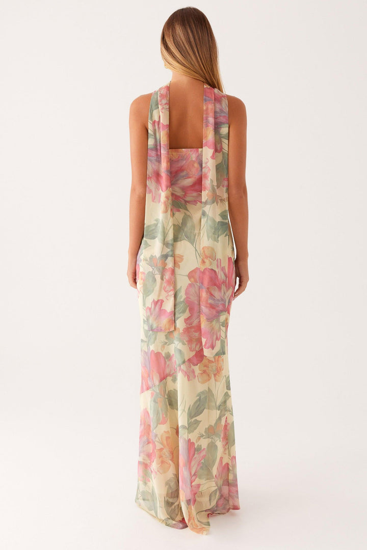 Camila - Long Strapless Chiffon Dress with Floral Print