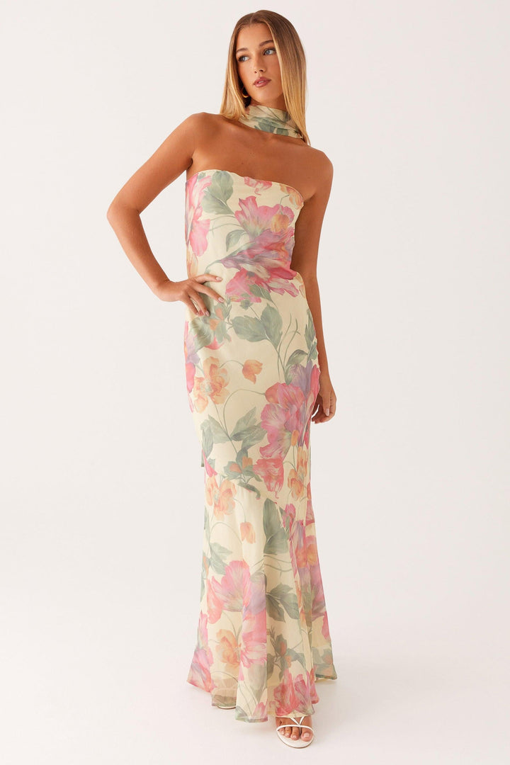 Camila - Long Strapless Chiffon Dress with Floral Print