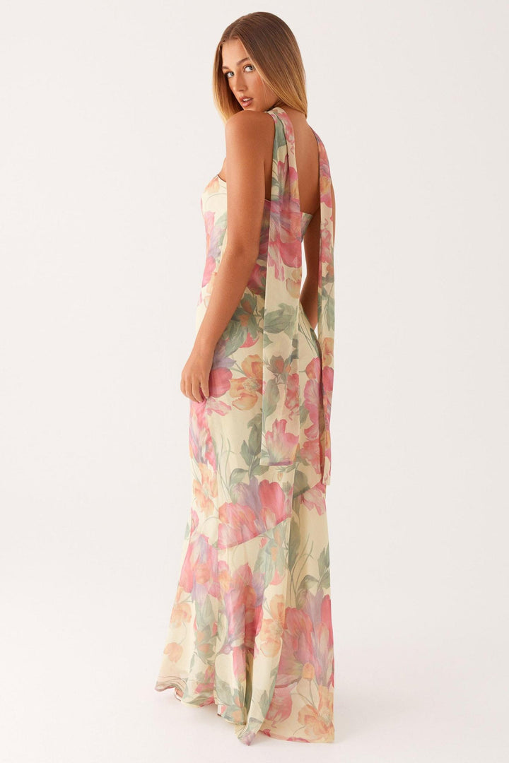 Camila - Long Strapless Chiffon Dress with Floral Print