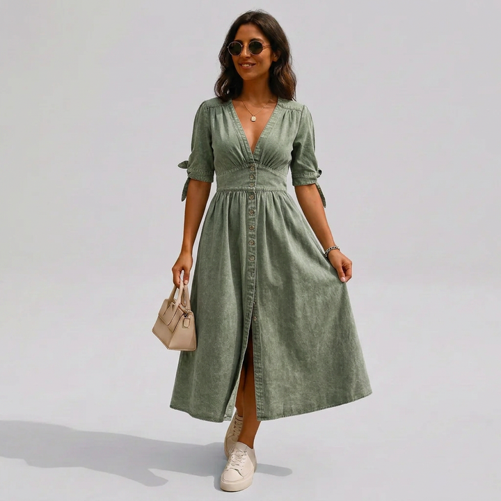 Women's Button-Front V-Neck Tie-Sleeve Midi Dress Effortless Style - Elena Harper